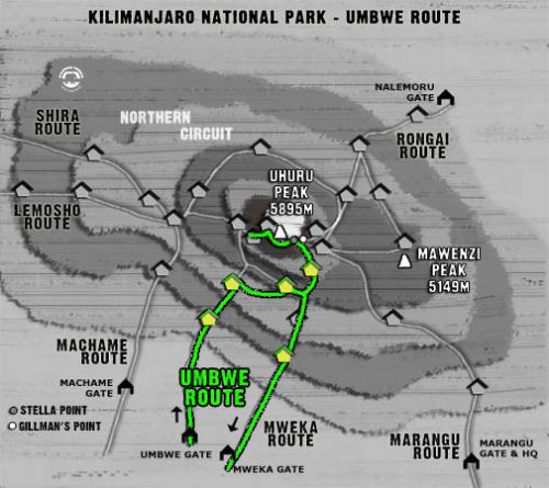 Map Kilimanjaro Umbwe Route (6 days)